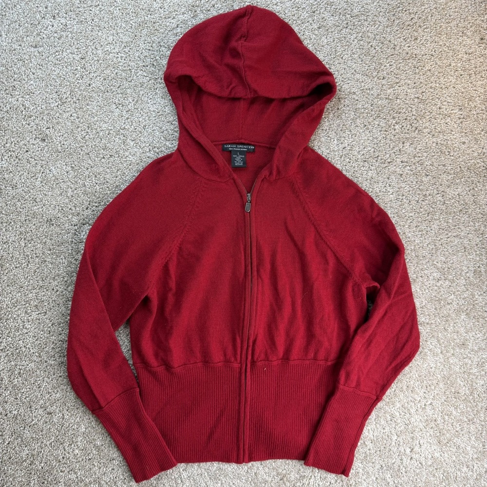 Sarah Spencer Cardigan Sweater Womens L Red Full Zip Hooded Merino Wool Knit